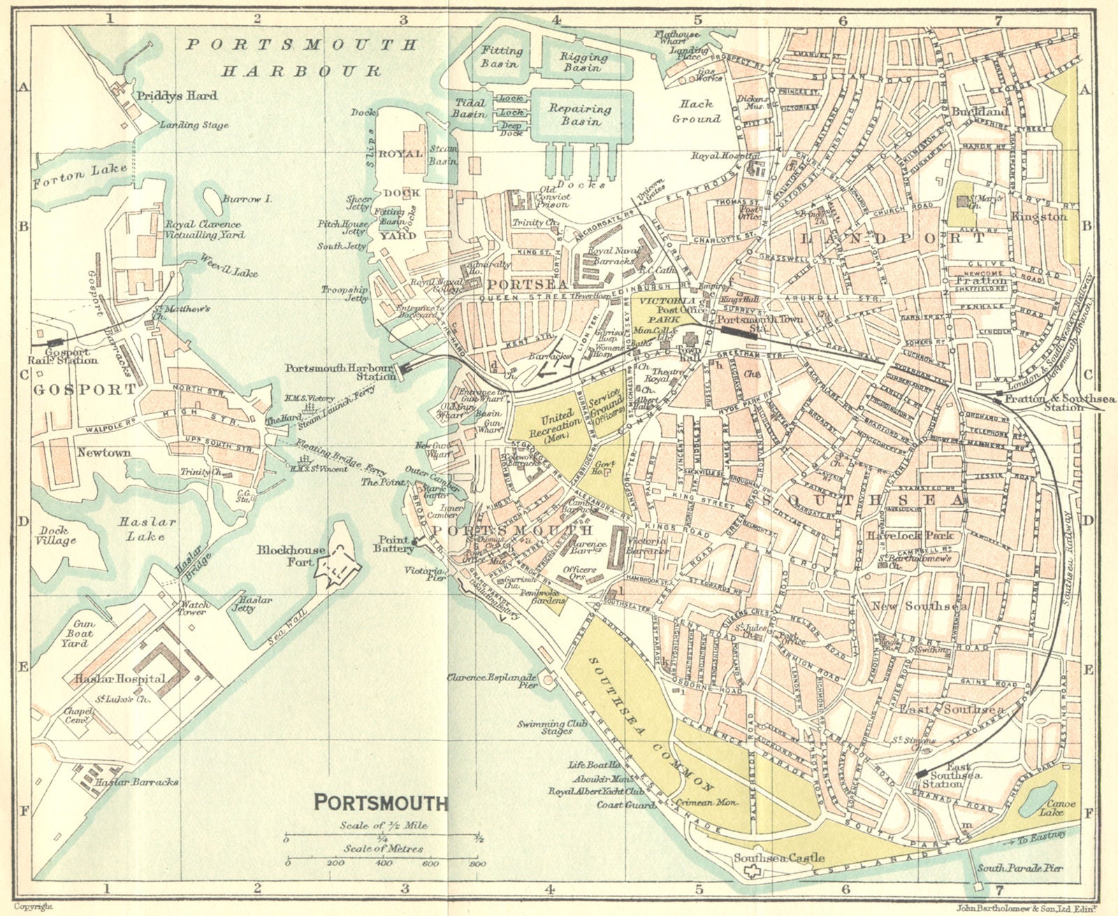HANTS. Portsmouth Town Plan 1924 old antique vintage map chart